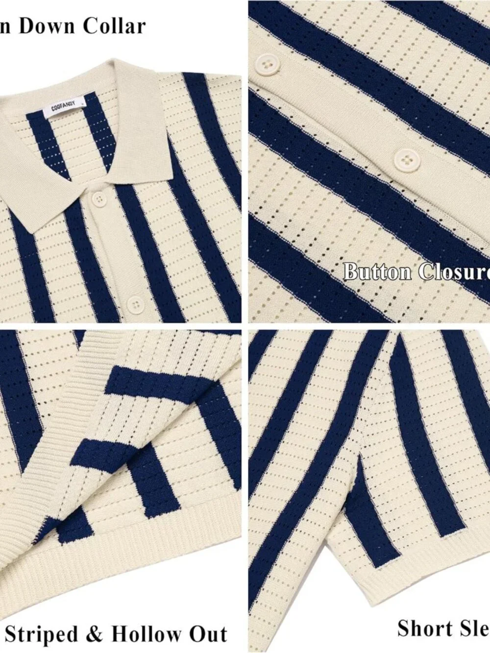 Men's Navy Blue Knit Short Sleeve Button Down Polo Striped Casual Beach Shirt - Picture 6 of 6